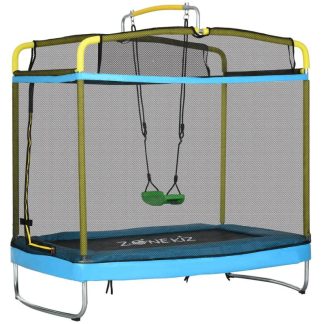 Trampolines |  3 in 1 Kids Trampoline, 7FT Rectangle Trampoline with Enclosure Net/Swing/Gymnastics Bar, Light Blue Toddler Trampoline Sports & Fitness Trampolines