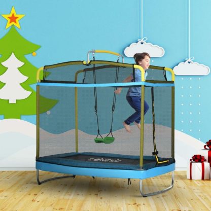 Trampolines |  3 in 1 Kids Trampoline, 7FT Rectangle Trampoline with Enclosure Net/Swing/Gymnastics Bar, Light Blue Toddler Trampoline Sports & Fitness Trampolines