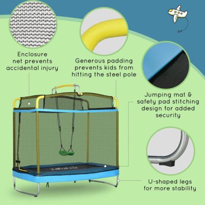 Trampolines |  3 in 1 Kids Trampoline, 7FT Rectangle Trampoline with Enclosure Net/Swing/Gymnastics Bar, Light Blue Toddler Trampoline Sports & Fitness Trampolines