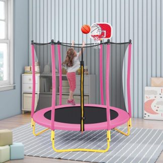 Trampolines |  5.5FT Indoor & Outdoor Enclosed Trampoline, Pink Mini Kids Trampoline with Safety Net and Basketball Hoop Sports & Fitness Trampolines