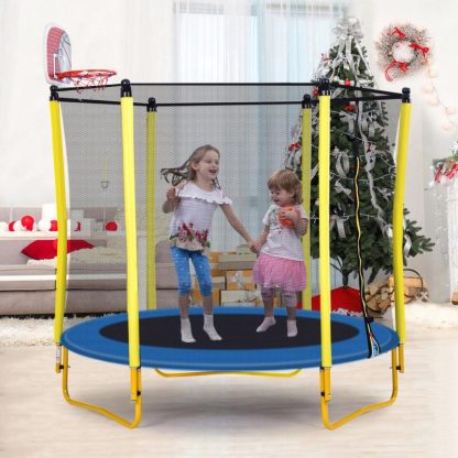 Trampolines |  5.5FT Indoor Trampoline with Safety Net – Enclosed Kids Trampoline, Various Colors Mini Trampoline with Basketball Hoop and Ball Sports & Fitness Trampolines