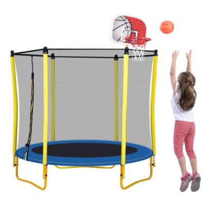 Trampolines |  5.5FT Indoor Trampoline with Safety Net – Enclosed Kids Trampoline, Various Colors Mini Trampoline with Basketball Hoop and Ball Sports & Fitness Trampolines