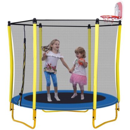 Trampolines |  5.5FT Indoor Trampoline with Safety Net – Enclosed Kids Trampoline, Various Colors Mini Trampoline with Basketball Hoop and Ball Sports & Fitness Trampolines