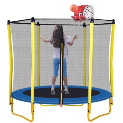 Trampolines |  5.5FT Indoor Trampoline with Safety Net – Enclosed Kids Trampoline, Various Colors Mini Trampoline with Basketball Hoop and Ball Sports & Fitness Trampolines