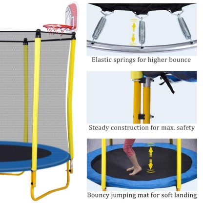 Trampolines |  5.5FT Indoor Trampoline with Safety Net – Enclosed Kids Trampoline, Various Colors Mini Trampoline with Basketball Hoop and Ball Sports & Fitness Trampolines