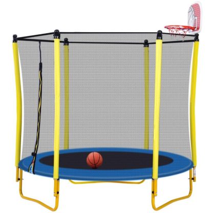 Trampolines |  5.5FT Indoor Trampoline with Safety Net – Enclosed Kids Trampoline, Various Colors Mini Trampoline with Basketball Hoop and Ball Sports & Fitness Trampolines