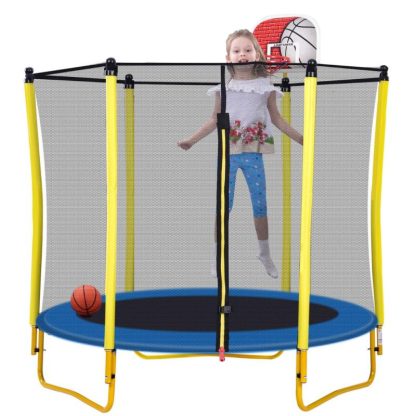 Trampolines |  5.5FT Indoor Trampoline with Safety Net – Enclosed Kids Trampoline, Various Colors Mini Trampoline with Basketball Hoop and Ball Sports & Fitness Trampolines