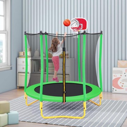 Trampolines |  5.5FT Trampoline for Kids – 65″ Outdoor & Indoor Mini Toddler Trampoline with Enclosure, Basketball Hoop and Ball Included Sports & Fitness Trampolines