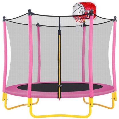 Trampolines |  5.5FT Trampoline for Kids – 65″ Outdoor & Indoor Mini Toddler Trampoline with Enclosure, Basketball Hoop and Ball Included Sports & Fitness Trampolines