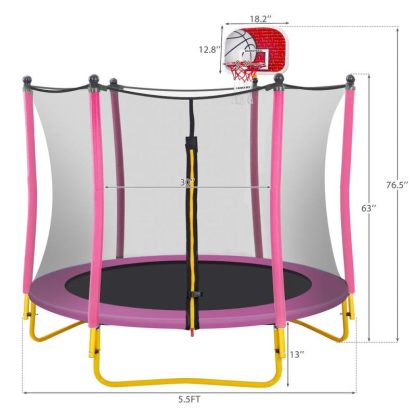 Trampolines |  5.5FT Trampoline for Kids – 65″ Outdoor & Indoor Mini Toddler Trampoline with Enclosure, Basketball Hoop and Ball Included Sports & Fitness Trampolines