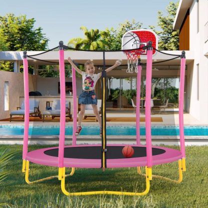 Trampolines |  5.5FT Trampoline for Kids – 65″ Outdoor & Indoor Mini Toddler Trampoline with Enclosure, Basketball Hoop and Ball Included Sports & Fitness Trampolines