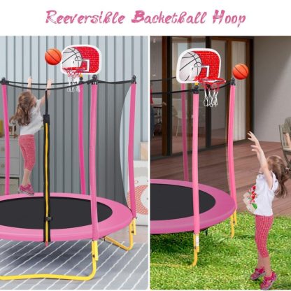 Trampolines |  5.5FT Trampoline for Kids – 65″ Outdoor & Indoor Mini Toddler Trampoline with Enclosure, Basketball Hoop and Ball Included Sports & Fitness Trampolines