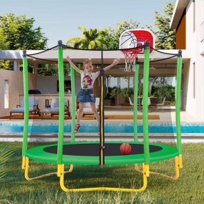 Trampolines |  5.5FT Trampoline for Kids – 65″ Outdoor & Indoor Mini Toddler Trampoline with Enclosure, Basketball Hoop and Ball Included Sports & Fitness Trampolines