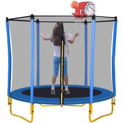 Trampolines |  5.5FT Trampoline For Kids 65″ Toddler Trampoline With Safety Enclosure Net Basketball Hoop Ball For Indoor Outdoor Sports & Fitness Green/Pink/Blue/Yellow