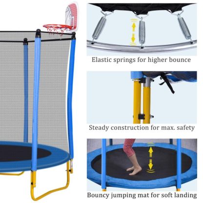 Trampolines |  5.5FT Trampoline For Kids 65″ Toddler Trampoline With Safety Enclosure Net Basketball Hoop Ball For Indoor Outdoor Sports & Fitness Green/Pink/Blue/Yellow