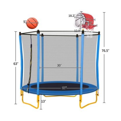 Trampolines |  5.5FT Trampoline For Kids 65″ Toddler Trampoline With Safety Enclosure Net Basketball Hoop Ball For Indoor Outdoor Sports & Fitness Green/Pink/Blue/Yellow