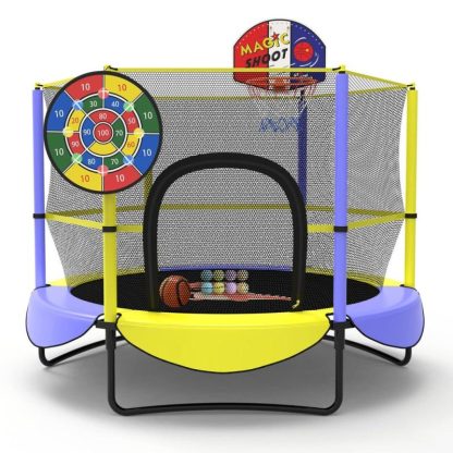 Trampolines |  60″ 5FT Trampoline Built in Basketball Hoop,Dart Board, Best Birthday Gifts for Kids, Mini Toddler Trampoline with net, Age 1-8 Sports & Fitness Trampolines