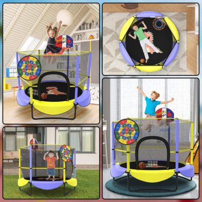 Trampolines |  60″ 5FT Trampoline Built in Basketball Hoop,Dart Board, Best Birthday Gifts for Kids, Mini Toddler Trampoline with net, Age 1-8 Sports & Fitness Trampolines