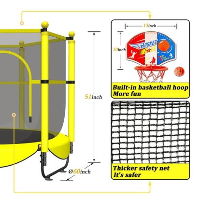 Trampolines |  60″ Trampoline for Kids, 5 FT Small Toddler Trampoline with Basketball Hoop, Safety Enclosure, Baby Trampoline Toys Sports & Fitness Blue-Bd/Fuchsia/Yellow-Bd