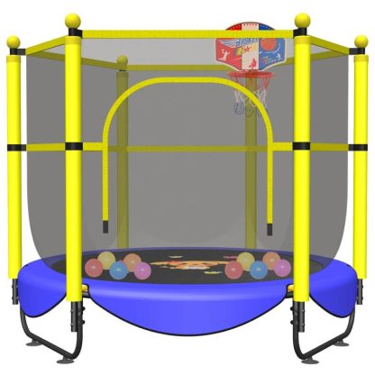 Trampolines |  60″ Trampoline for Kids, 5 FT Small Toddler Trampoline with Basketball Hoop, Safety Enclosure, Baby Trampoline Toys Sports & Fitness Blue-Bd/Fuchsia/Yellow-Bd