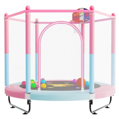 Trampolines |  60″ Trampoline for Kids, 5 FT Small Toddler Trampoline with Basketball Hoop, Safety Enclosure, Baby Trampoline Toys Sports & Fitness Pink-Blue/Yellow-Blue