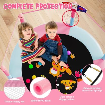 Trampolines |  60″ Trampoline for Kids, 5 FT Small Toddler Trampoline with Basketball Hoop, Safety Enclosure, Baby Trampoline Toys Sports & Fitness Pink-Blue/Yellow-Blue