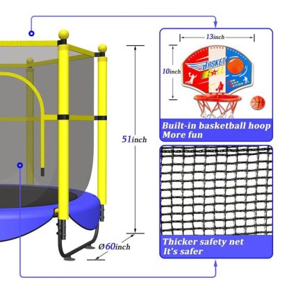 Trampolines |  60″ Trampoline for Kids, 5 FT Small Toddler Trampoline with Basketball Hoop, Safety Enclosure, Baby Trampoline Toys Sports & Fitness Blue-Bd/Fuchsia/Yellow-Bd