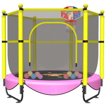 Trampolines |  60″ Trampoline for Kids, 5 FT Small Toddler Trampoline with Basketball Hoop, Safety Enclosure, Baby Trampoline Toys Sports & Fitness Blue-Bd/Fuchsia/Yellow-Bd