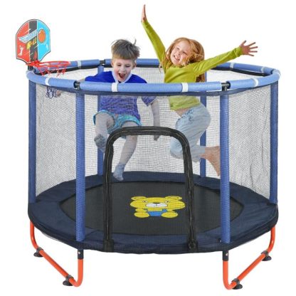 Trampolines |  60″ Trampoline for Kids, 5FT Trampoline with Enclosure Net, Mini Trampoline with Basketball Hoop, Recreational Trampolines Sports & Fitness Blue/Pink/Yellow