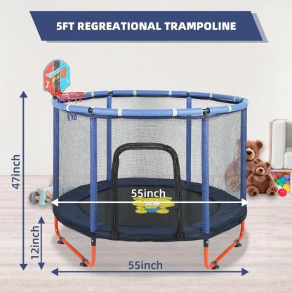 Trampolines |  60″ Trampoline for Kids, 5FT Trampoline with Enclosure Net, Mini Trampoline with Basketball Hoop, Recreational Trampolines Sports & Fitness Blue/Pink/Yellow