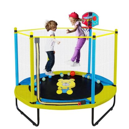 Trampolines |  60″ Trampoline for Kids, 5FT Trampoline with Enclosure Net, Mini Trampoline with Basketball Hoop, Recreational Trampolines Sports & Fitness Blue/Pink/Yellow