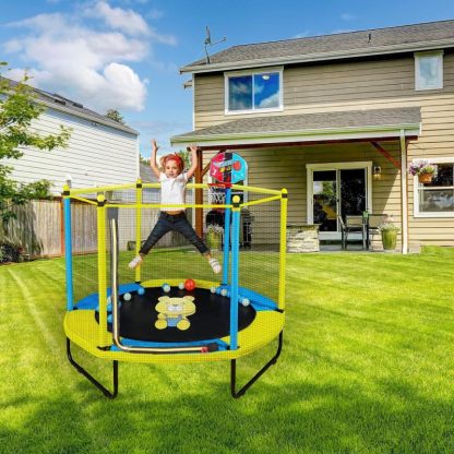 Trampolines |  60″ Trampoline for Kids, 5FT Trampoline with Enclosure Net, Mini Trampoline with Basketball Hoop, Recreational Trampolines Sports & Fitness Blue/Pink/Yellow