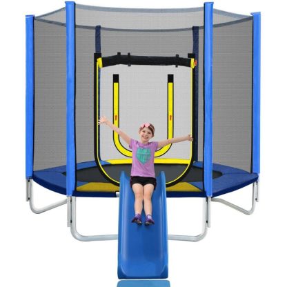 Trampolines |  7FT Blue Fitness Trampoline Kids Trampoline Mini Trampoline with Slide/Safety Net/Spring Mat/Ladder for Indoor, Outdoor Sports & Fitness Trampolines