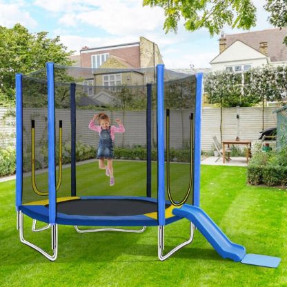 Trampolines |  7FT Blue Fitness Trampoline Kids Trampoline Mini Trampoline with Slide/Safety Net/Spring Mat/Ladder for Indoor, Outdoor Sports & Fitness Trampolines