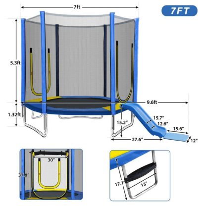 Trampolines |  7FT Blue Fitness Trampoline Kids Trampoline Mini Trampoline with Slide/Safety Net/Spring Mat/Ladder for Indoor, Outdoor Sports & Fitness Trampolines