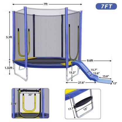 Trampolines |  7FT Kids Trampoline with Slide/Safety Net/Rolling Shutter Door/Ladder Sports & Fitness Trampolines