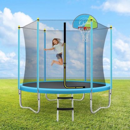 Trampolines |  8FT Trampoline for Kids with Safety Enclosure Net, Basketball Hoop and Ladder, Easy Assembly Round Outdoor Recreational Sports & Fitness Trampolines