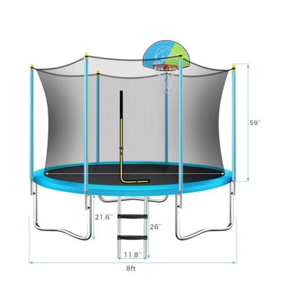 Trampolines |  8FT Trampoline for Kids with Safety Enclosure Net, Basketball Hoop and Ladder, Easy Assembly Round Outdoor Recreational Sports & Fitness Trampolines