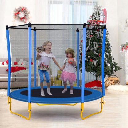 Trampolines |  Blue Enclosed Kids Trampoline, 5.5FT Indoor & Outdoor Mini Trampoline with Safety Net, Basketball Hoop and Ball for Age 1-8 Sports & Fitness Trampolines