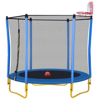 Trampolines |  Blue Enclosed Kids Trampoline, 5.5FT Indoor & Outdoor Mini Trampoline with Safety Net, Basketball Hoop and Ball for Age 1-8 Sports & Fitness Trampolines