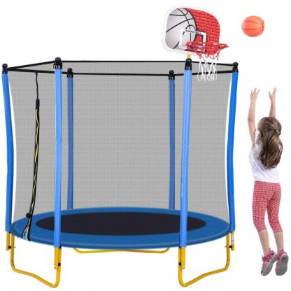 Trampolines |  Blue Enclosed Kids Trampoline, 5.5FT Indoor & Outdoor Mini Trampoline with Safety Net, Basketball Hoop and Ball for Age 1-8 Sports & Fitness Trampolines