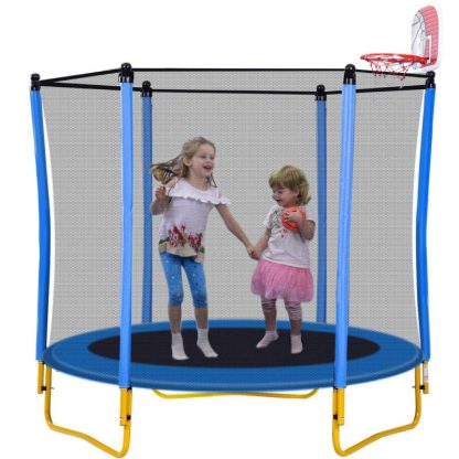 Trampolines |  Blue Enclosed Kids Trampoline, 5.5FT Indoor & Outdoor Mini Trampoline with Safety Net, Basketball Hoop and Ball for Age 1-8 Sports & Fitness Trampolines