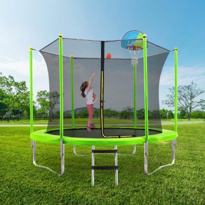 Trampolines |  Green Kids Trampoline 10FT Sports & Play Trampoline with Safety Enclosure Net and Basketball Hoop for Outdoor, Trampoline Ladder Sports & Fitness Trampolines