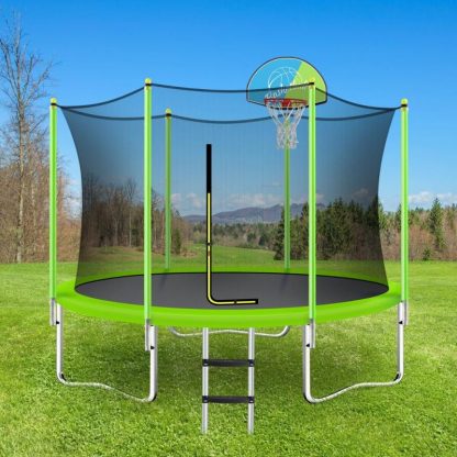 Trampolines |  Green Kids Trampoline 10FT Sports & Play Trampoline with Safety Enclosure Net and Basketball Hoop for Outdoor, Trampoline Ladder Sports & Fitness Trampolines