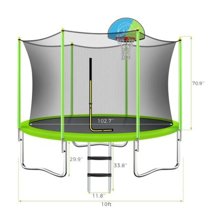 Trampolines |  Green Kids Trampoline 10FT Sports & Play Trampoline with Safety Enclosure Net and Basketball Hoop for Outdoor, Trampoline Ladder Sports & Fitness Trampolines