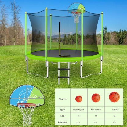 Trampolines |  Green Kids Trampoline 10FT Sports & Play Trampoline with Safety Enclosure Net and Basketball Hoop for Outdoor, Trampoline Ladder Sports & Fitness Trampolines