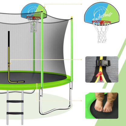 Trampolines |  Green Kids Trampoline 10FT Sports & Play Trampoline with Safety Enclosure Net and Basketball Hoop for Outdoor, Trampoline Ladder Sports & Fitness Trampolines