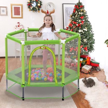 Trampolines |  Green Kids Trampoline with Safety Enclosure Net, Mini Trampoline with Balls for Indoors & Outdoors, Ages 3 to 6 Sports & Fitness Trampolines