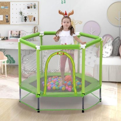 Trampolines |  Green Kids Trampoline with Safety Enclosure Net, Mini Trampoline with Balls for Indoors & Outdoors, Ages 3 to 6 Sports & Fitness Trampolines