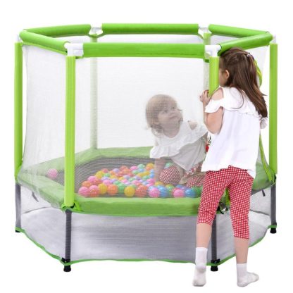 Trampolines |  Green Kids Trampoline with Safety Enclosure Net, Mini Trampoline with Balls for Indoors & Outdoors, Ages 3 to 6 Sports & Fitness Trampolines